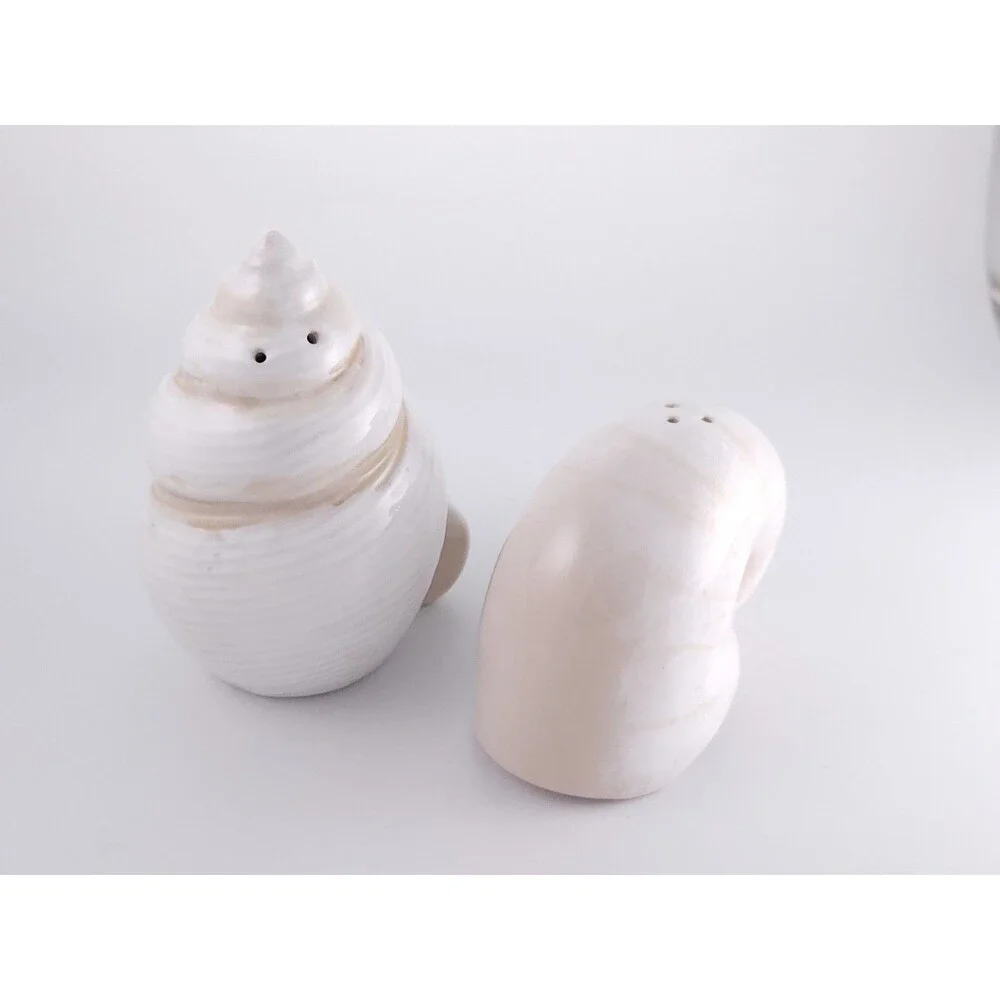Vintage White Ceramic Seashell Salt and Pepper Shakers Set Coastal Beach Decor
